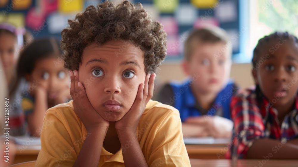 Poster Young children are seated in rows in a classroom, engaged in learning activities and listening to the teacher.
