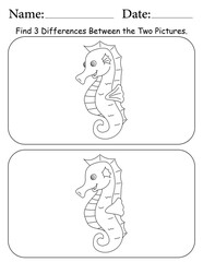 Seahorse Puzzle. Printable Activity Page for Kids. Educational Resources for School for Kids. Kids Activity Worksheet. Find Differences Between 2 Shapes