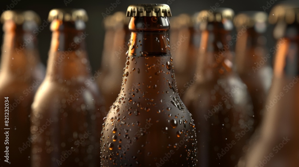 Poster a row of beer bottles with bottle in the middle that is half full