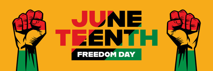 Juneteenth Banner with Raised Fist Illustration and Typography in Pan-African Flag Colours. Juneteenth Freedom Day Vector Banner Illustration. 