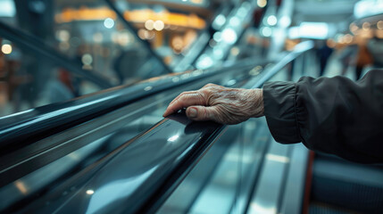 Close-up of an elderly person's hand resting on an escalator railing in a shopping mall.