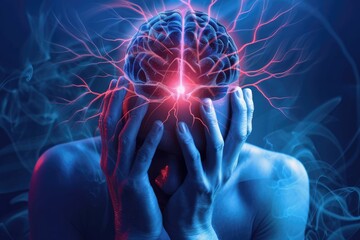 Fototapeta premium Concept of Headache: Intense Neural Pain and Stress Visualized with Glowing Brain and Electric Nerve Signals