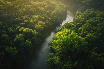 Aerial Tree View of Cuyahoga River in Green Nature, Ohio Sunlight