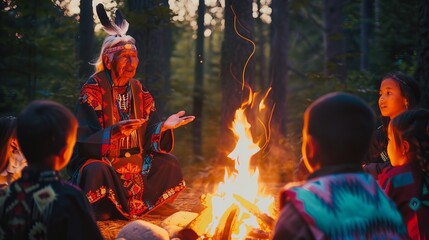 A Native American man tells stories to a group of children sitting around a campfire. © Sirisook