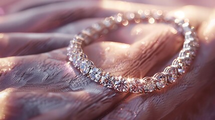 A high-definition snapshot of a sparkling diamond-studded bracelet, delicately resting on a plush velvet cushion, with each facet catching the light and casting dazzling reflections.