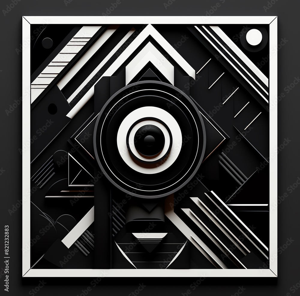 Poster abstract black and white geometric art with intricate lines and shapes, creating a modern design pat