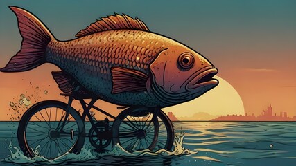 Sci-fi comic book panel of A fish riding a bicycle