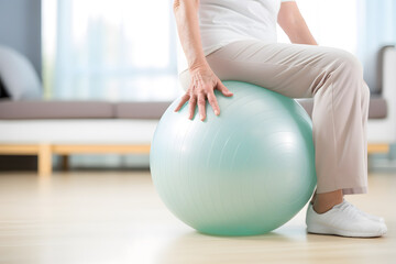 Naklejka premium Caucasian senior doing exercise with a swiss ball at a gym