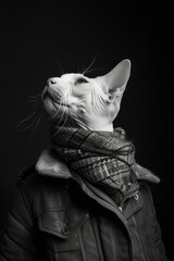 A Sphynx cat in a sleek, modern jumpsuit with bold geometric patterns, highlighting its unique and hairless appearance,