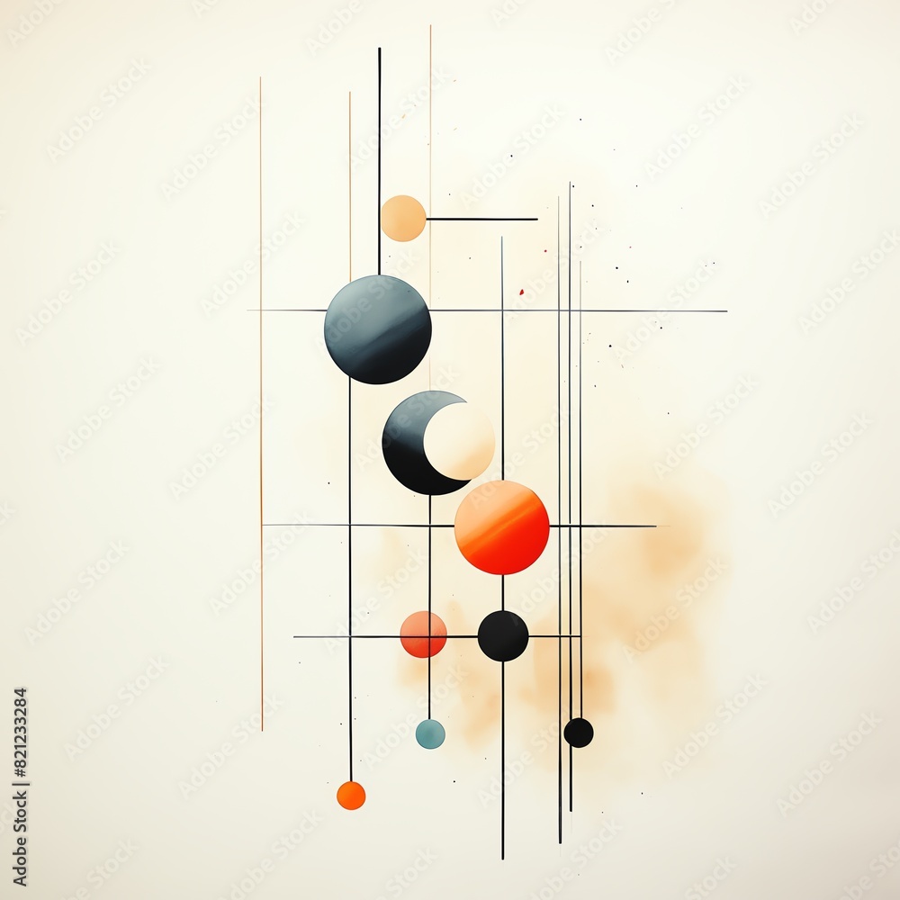 Poster abstract geometric art with colorful circles and lines on a light background. modern minimalist desi