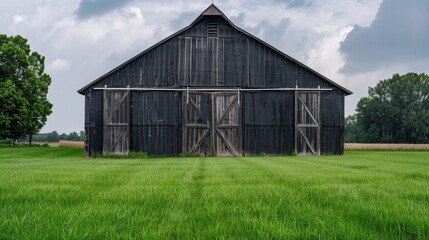Obraz premium Looking across the green grass at an old black wooden barn building with closed doors