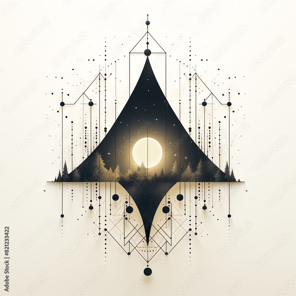 Aufkleber Abstract geometric design featuring a symmetrical pattern with forest and moon elements, blending art and nature in a modern aesthetic.