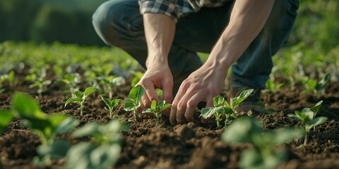 Fototapeta premium A farmer is kneeling down, planting young seedlings with great care in rich, fertile soil