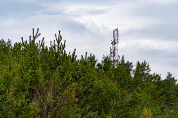 Obraz premium A tall communication tower rises above a dense pine forest under a cloudy sky, representing the intersection of technology and nature. Perfect for technology and nature-related projects.