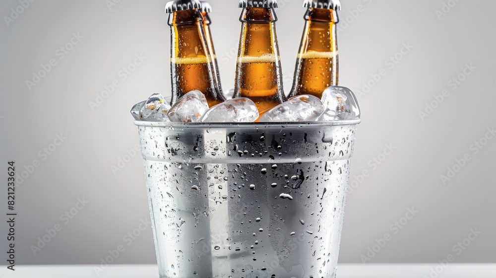 Poster three beer bottles are in a bucket filled with ice