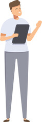Vector illustration of a modern young man holding a digital tablet and making a presenting gesture
