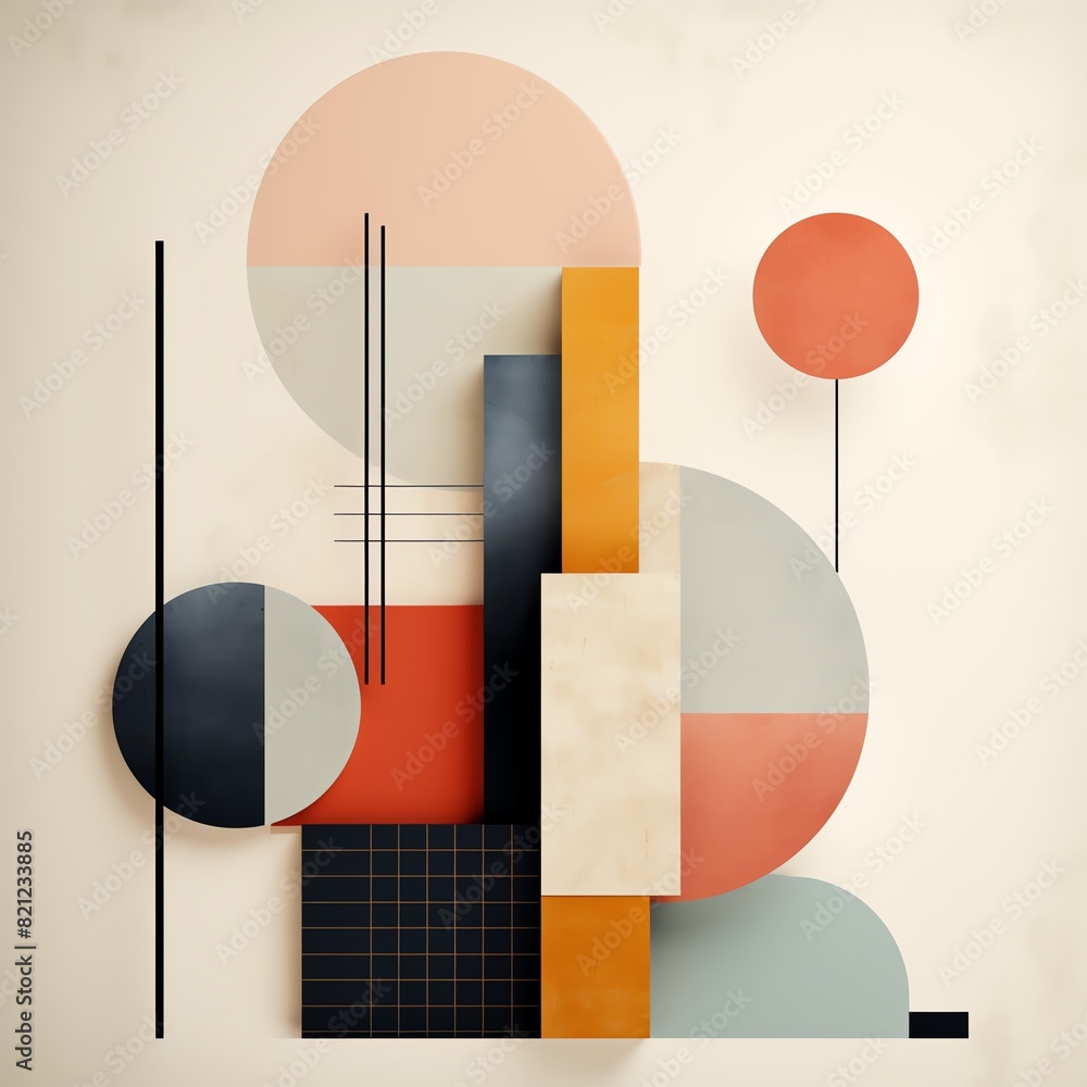 Poster abstract geometric shapes in soft tones create a modern art composition with circles, rectangles, an