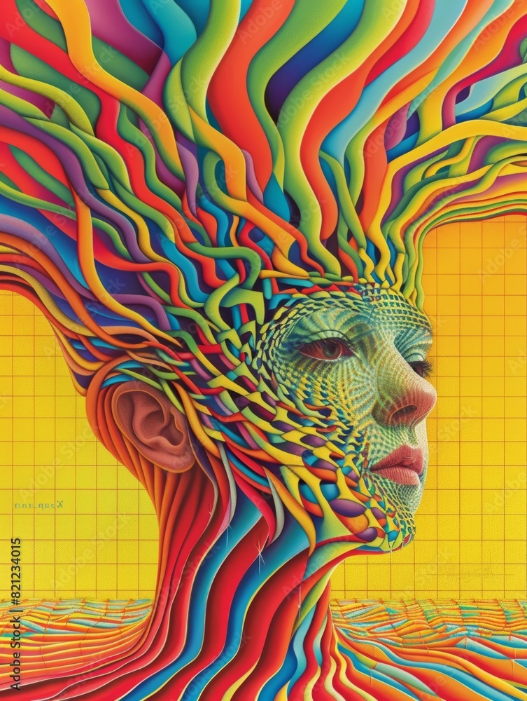 Poster minimalist single line sketch depicting a surrealistic portrait made of polygon pipelines, psychedel