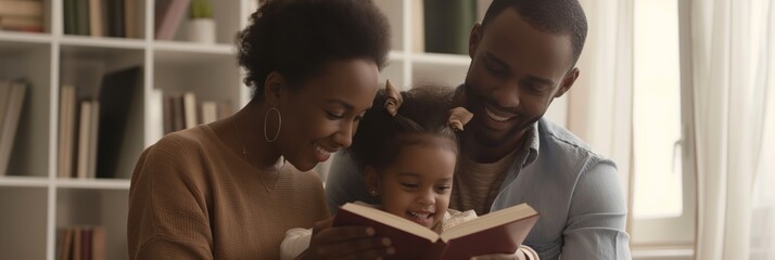 An African American family enjoys reading a book together in a warm, comfortable home setting