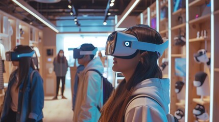 Several individuals in a store, trying on virtual headsets for immersive experiences.
