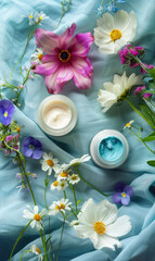 Obraz na płótnie Canvas Cosmetic jars amongst vibrant, fresh flowers on a blue fabric background, suggesting a natural, botanical skincare theme.