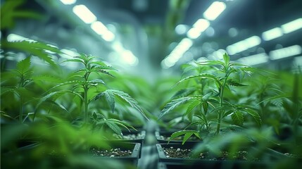 A cannabis nursery with rows of seedlings under grow lights, focusing on sustainability. Generative AI.