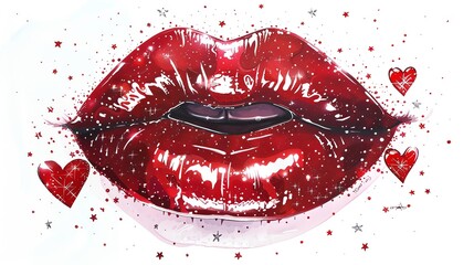 Artistic illustration of glossy red lips surrounded by tiny hearts and sparkles, conveying love and passion with a vibrant, glamorous touch.