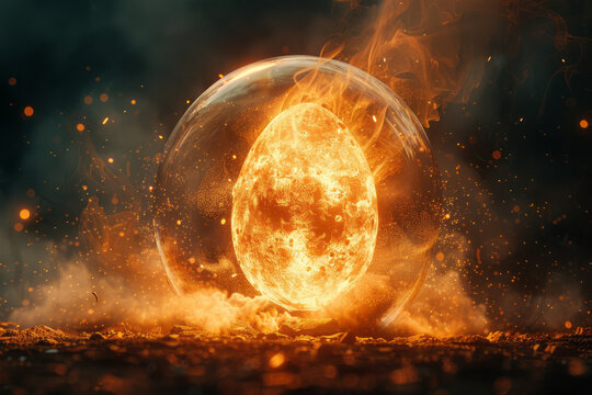The cosmic egg surrounded by the elements--fire, water, earth, and air--each element intertwining and interacting with the egg&acirc;&euro;&trade;s energy,