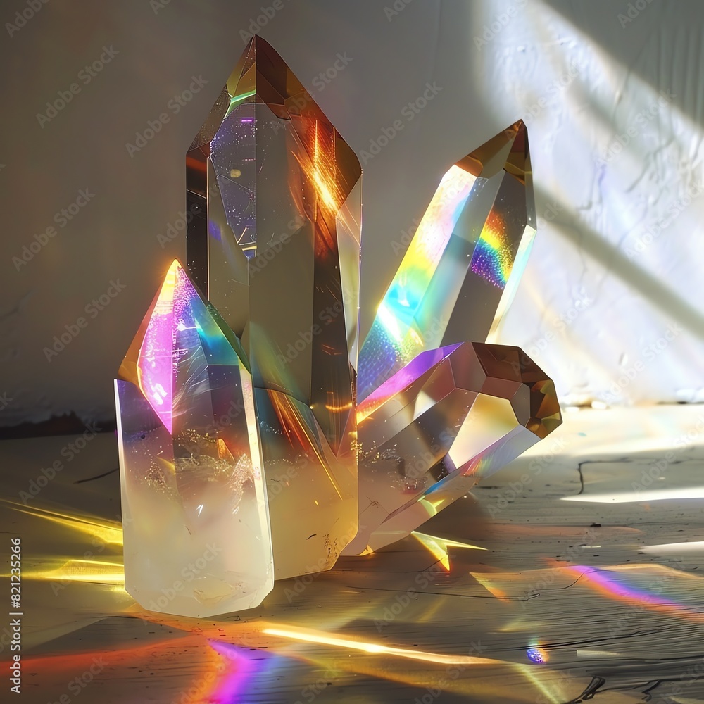 Poster beautiful rainbow crystals reflecting colorful light shadows on a white surface, creating a stunning