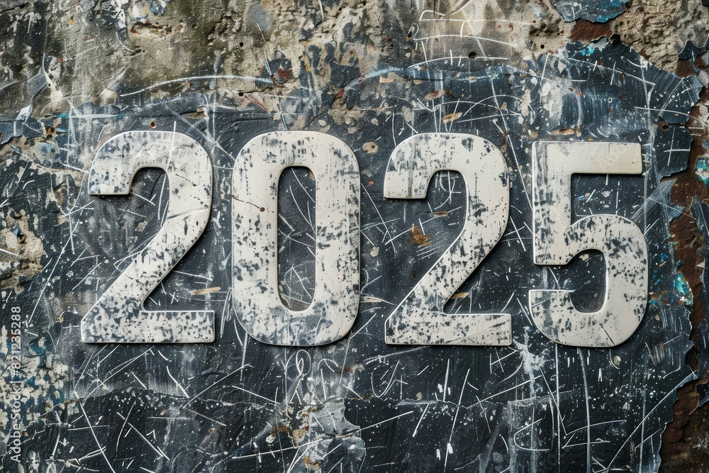 Poster numbers 2025 in grunge style. background with selective focus and copy space