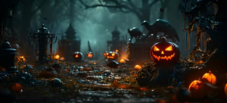 Halloween pumpkins in the cemetery at night. Halloween background with Evil Pumpkin. Spooky scary dark Night forrest. Holiday event halloween banner background concept.
