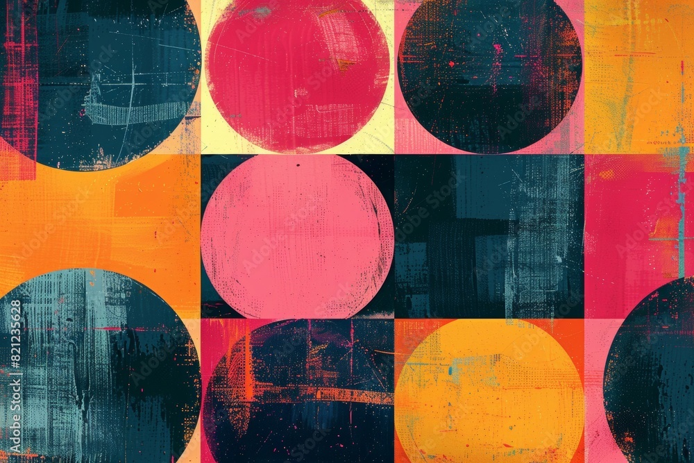 Canvas Prints A colorful abstract painting with many different colored circles. Risograph effect, trendy riso style