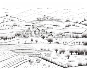 Fototapeta premium Black and white sketch of a scenic rural landscape with villages, trees, and rolling hills under the mountains.