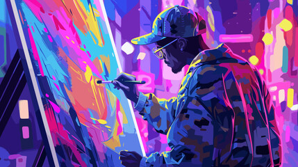 Male artist promotes and sells digital paintings as NFT tokens for cryptocurrency using mobile phone technology