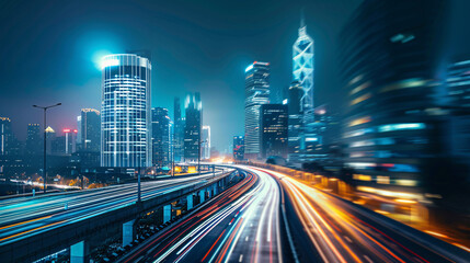 Fototapeta premium Cityscape with light trails. A vibrant cityscape at night featuring modern skyscrapers and dynamic light trails from moving vehicles, showcasing urban energy.