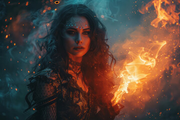 A powerful sorceress channeling light energy to banish dark spirits, her glowing staff creating a protective barrier,