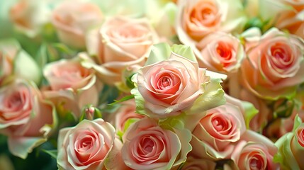 Fototapeta premium Vibrant Array of Fresh Peach Roses, Ideal for Romantic Occasions or Elegant Decorations. Soft Petals and Natural Beauty Captured in Light. Perfect for Floral Themes. AI