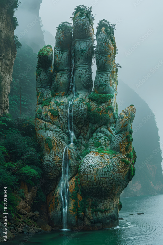 Poster a giant whose outstretched arm forms a towering cliff, with waterfalls cascading down from its finge