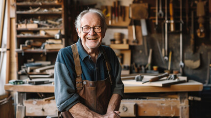 Elderly craftsman in a woodworking workshop, smiling with tools and workbench, exuding joy and experience in his trade.