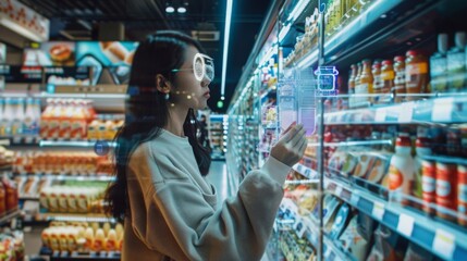 ustomers receiving personalized recommendations via AR in a high-tech supermarket, vibrant and interactive space  