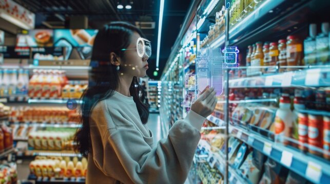 ustomers receiving personalized recommendations via AR in a high-tech supermarket, vibrant and interactive space  