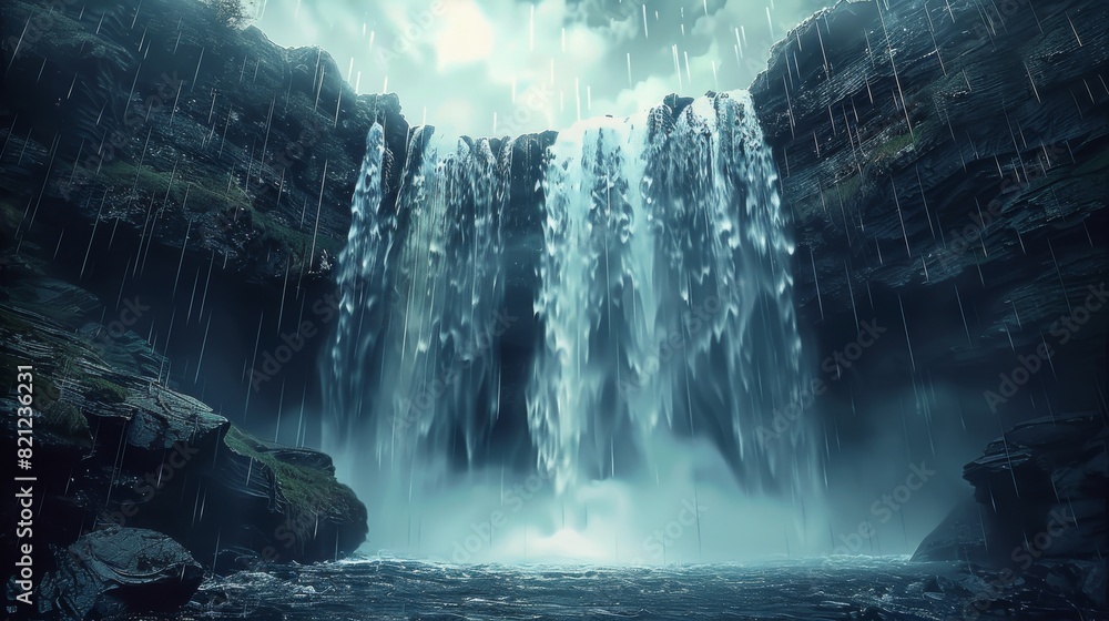 Poster a waterfall flowing down from the sky, with clear lines of water and steaming steam below. generativ