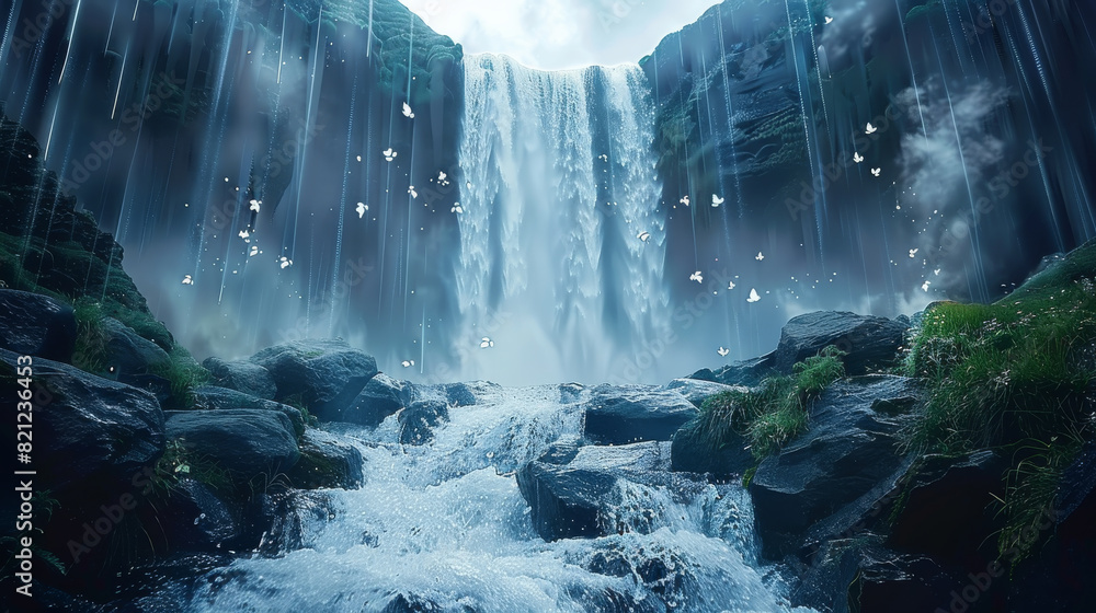 Poster a waterfall flowing down from the sky, with clear lines of water and steaming steam below. generativ
