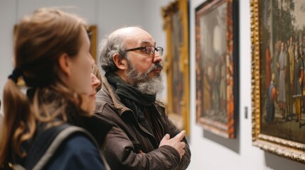 A group of people closely observe and discuss artworks displayed on the walls of an art gallery.