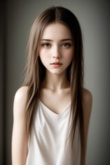 Naklejka premium Young woman with long hair in a white dress