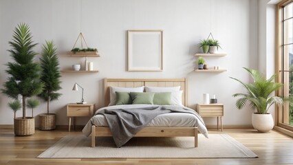 Scandinavian Bedroom blank Frame Mockup – Pine Frame: A Scandinavian-style bedroom with a pine frame on a white wall, perfect for natural and minimalist decor.
