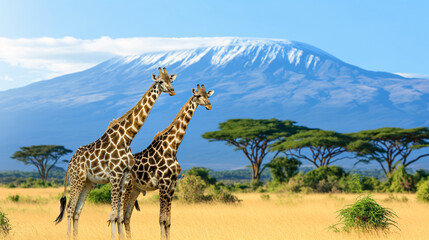 Three Giraffes Walking in Front of Mount Kilimanjaro in Tanzania