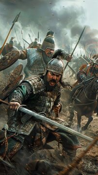 Tatar-Mongol warriors, furiously attacking