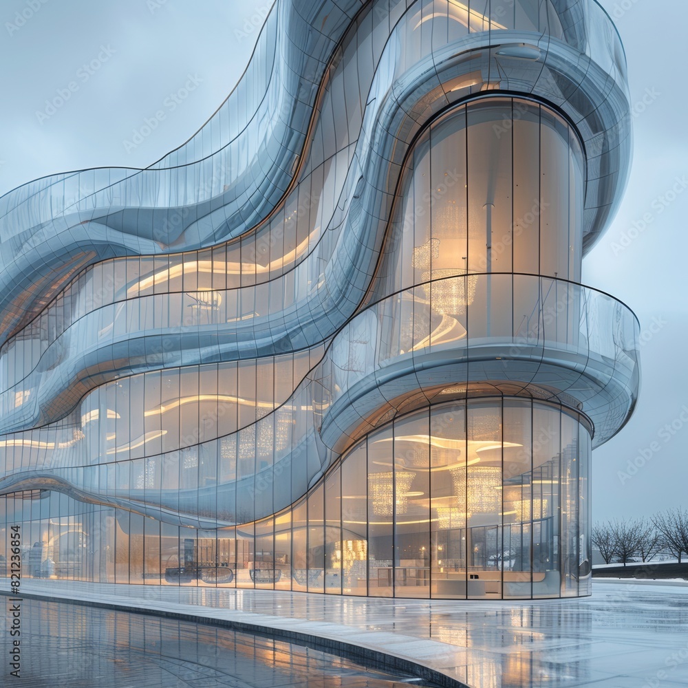 Poster the futuristic building's architecture with transparent materials and soft natural curves creates a 
