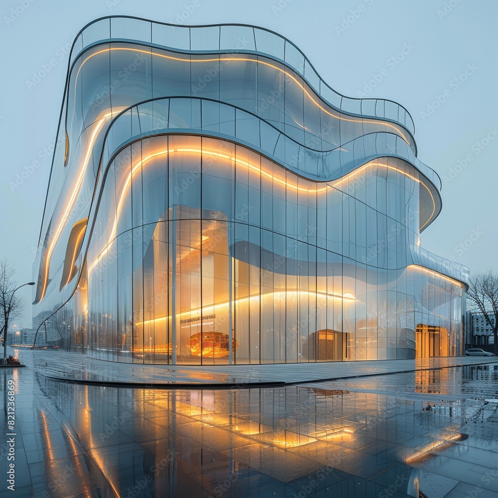 Poster the futuristic building's architecture with transparent materials and soft natural curves creates a 